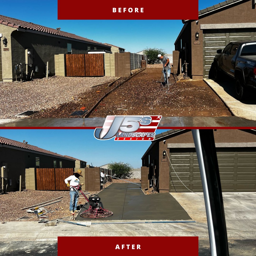 Before and after concrete driveway installation by J5's Landscape Design